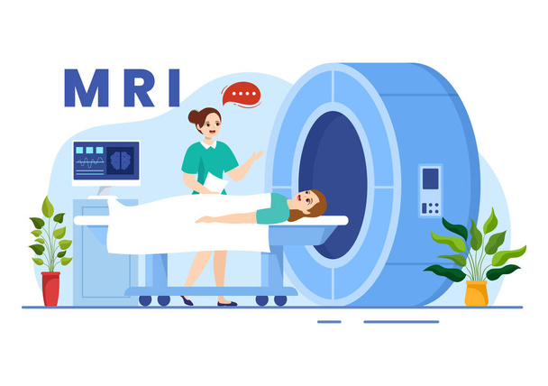 MRI or Magnetic Resonance Imaging Illustration with Doctor and Patient on Medical Examination and CT scan in Flat Cartoon Hand Drawn Templates - Vector, Image