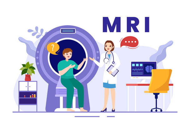 MRI or Magnetic Resonance Imaging Illustration with Doctor and Patient on Medical Examination and CT scan in Flat Cartoon Hand Drawn Templates - Vector, Image