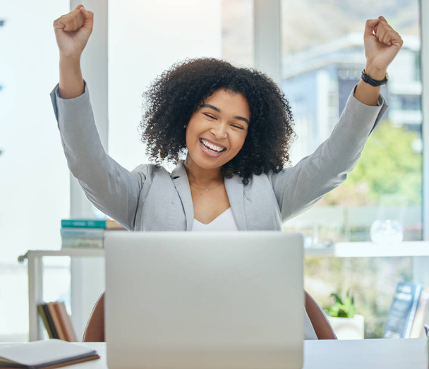 Business woman, laptop and celebration success for financial bonus, achievement or investment growth target. Smile, happy and winner corporate worker with technology, cheering hands or banking profit. - Fotó, kép