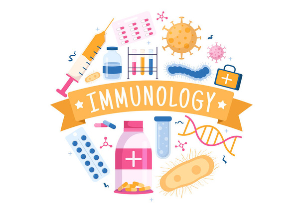 Immunologia Kuva ihmisten kanssa Immuunijärjestelmä auttaa pääsemään eroon infektioista ja haitallisista bakteereista sarjakuva käsin piirretyissä malleissa - Vektori, kuva