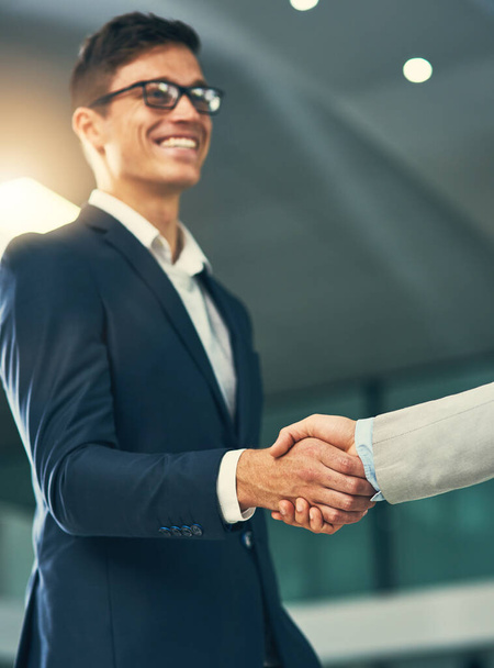 Welcome to the winners side. two businessmen shaking hands in a modern office - Zdjęcie, obraz