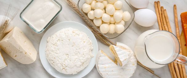 Different fresh dairy products on light background - Фото, изображение