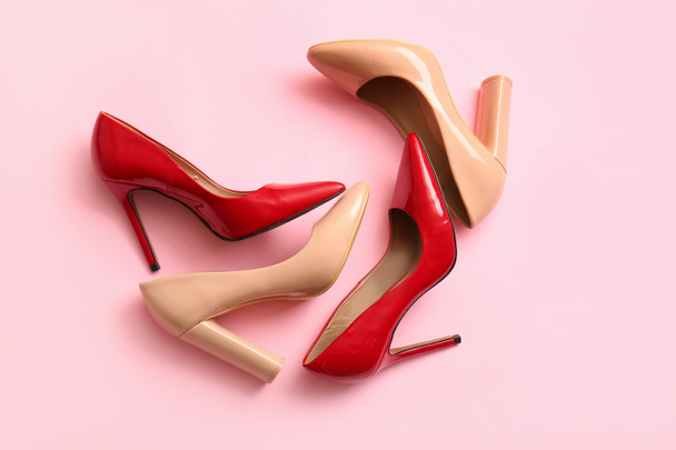 Fashionable high heeled shoes on pink background - Foto, Imagem