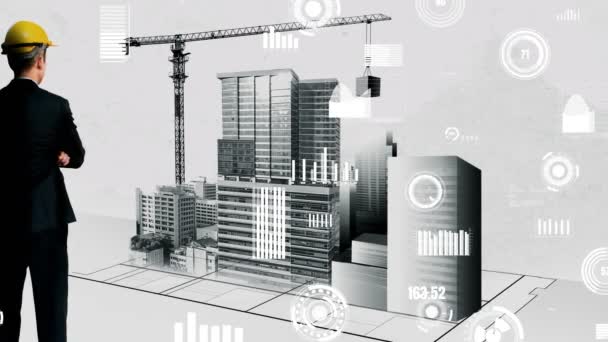 市の市民計画と独創的な不動産開発。抽象的な都市のスケッチ図面を見て建築家の人々は創造的な未来の都市の建物を設計します。建築の夢と野心のコンセプト. - 映像、動画