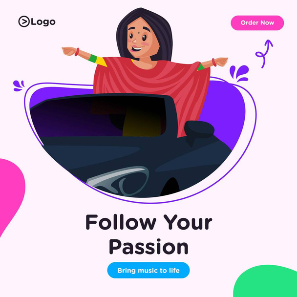 Banner design of follow your passion bring music to life cartoon style illustration. - Vecteur, image