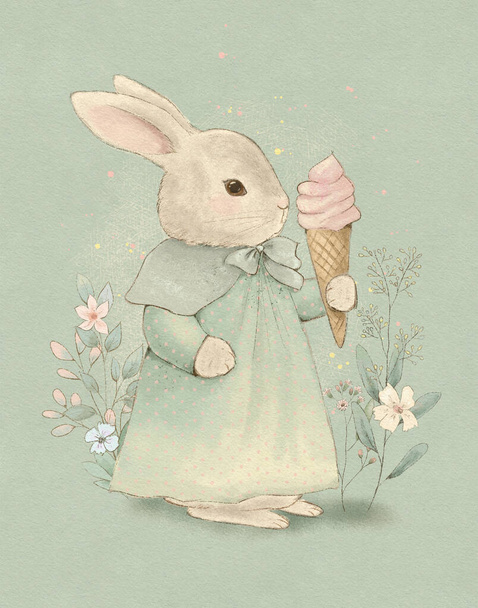 Pastel vintage bunny drawing, easter bunny, shabby chic drawing, illustration for children's books - Foto, imagen