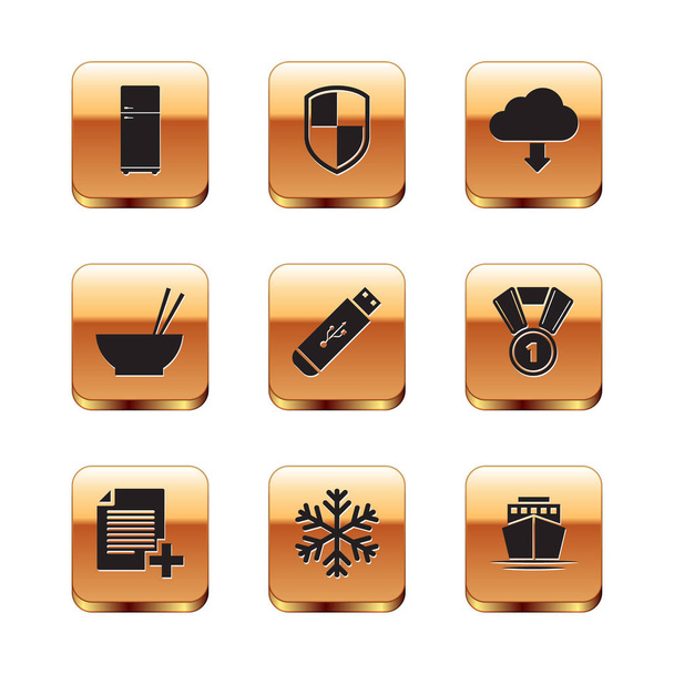 Set Refrigerator, Add new file, Snowflake, USB flash drive, Bowl with chopsticks and Cloud download icon. Vector - ベクター画像