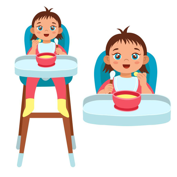 Criança aprendendo a comer com uma colher. Alimentando mingau de cereal de bebê sentado em uma cadeira. ilustração estilo artoon. - Vetor, Imagem