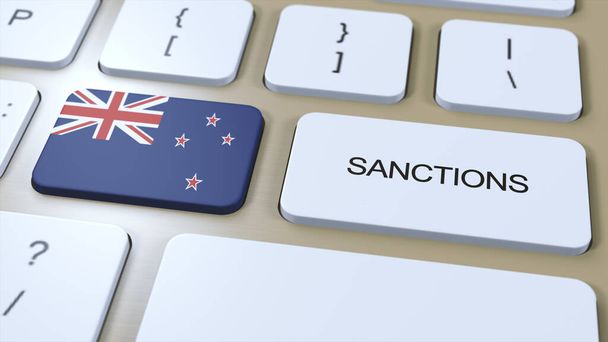 Nueva Zelanda impone sanciones contra algún país. Sanciones impuestas a Nueva Zelanda. Pulsador de teclas. Ilustración política Ilustración 3D. - Foto, imagen