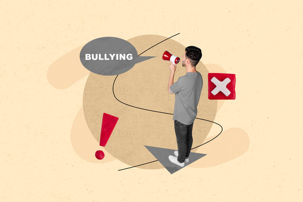 Creative retro 3d magazine collage image of screaming guy shouting toa bullying messages isolated painting background. - Photo, image