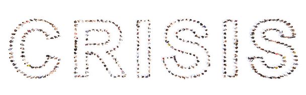 Concept of conceptuele grote gemeenschap van mensen die het woord CRISIS vormen. 3d illustratie metafoor voor afnemende economische activiteit, financiële crisis, hoge werkloosheid, inflatie, schuldstijging en armoede  - Foto, afbeelding