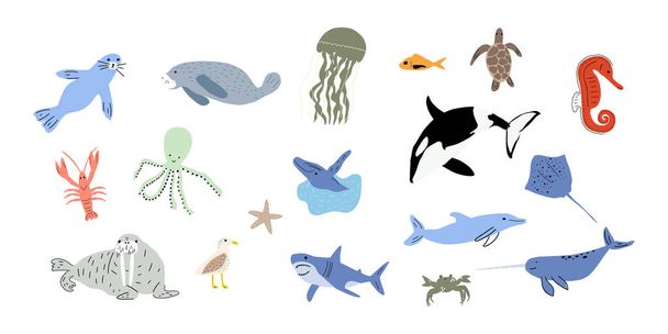 Sea animals. Cute aquatic fish, turtle, whale, narwhal, dolphin, octopus, starfish, crab, jellyfish, seal and other. Kids vector illustration. - Vector, imagen