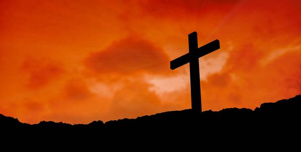 Cross silhouette on sunset sky background. Christian religion concept. 3D Rendering - Zdjęcie, obraz