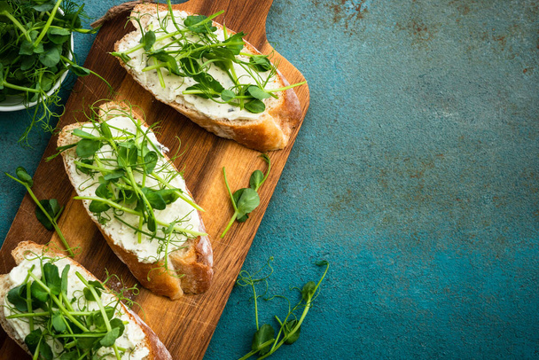 Toast with micro greens and cheese. Healthy food snack, vegetarian, natural vitamins. Top view. - Foto, Imagen