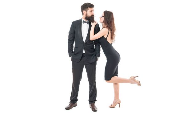 Love you more than yesterday. formal couple of tuxedo man and sexy girl. engagement and proposal. valentines day. celebrate special occasion. couple in love flirting. love date for man and woman. - Φωτογραφία, εικόνα