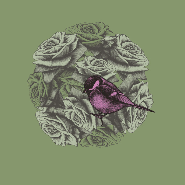 Spring background with flowers and bird titmouse, hand-drawing.  - Вектор, зображення