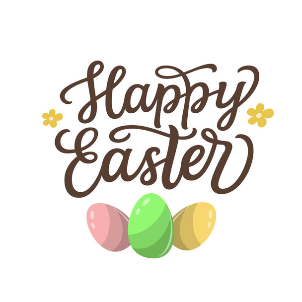 Boldog Húsvétot! Kézírásos szöveg lapos tojással és virágokkal fehér alapon. Vektortipográfia poszterekhez, kártyákhoz, transzparensekhez, szórólapokhoz - Vektor, kép