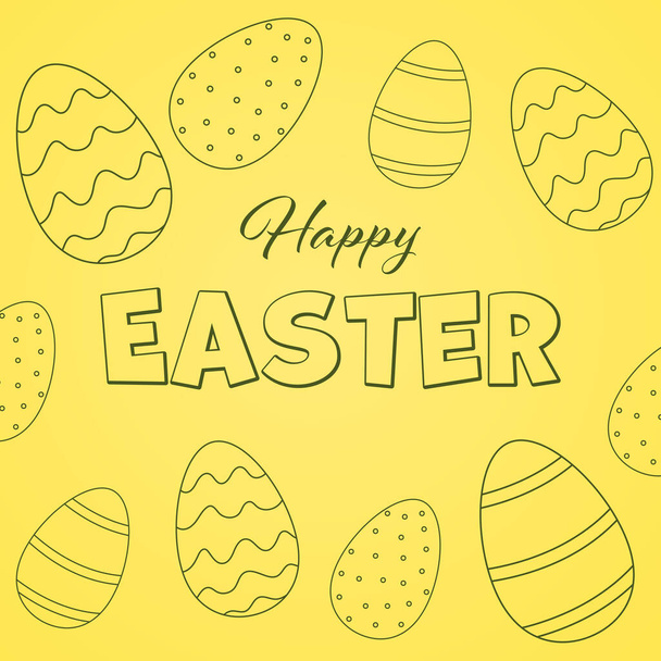 Happy easter. Vector background with inscription and minimalist line illustrations. Yellow background with Easter eggs. - Vector, Imagen