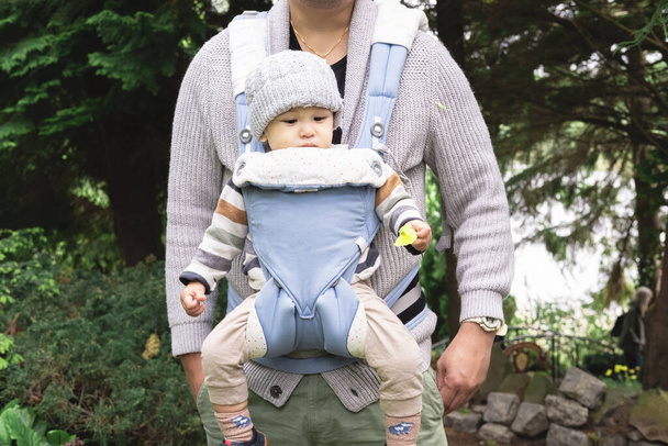 Nierozpoznawalny rodzic noszący niemowlę z nosidełkiem spacerującym w naturze po parku wiosną. Syn trzyma żółty kwiat. Brytyjska rodzina wielokulturowa i etniczna. - Zdjęcie, obraz