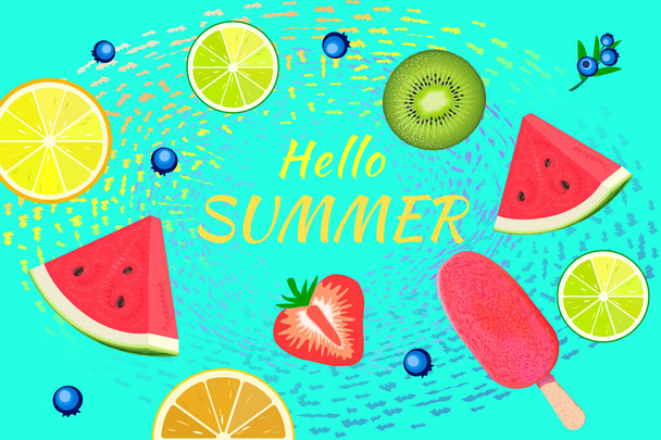 スタイリッシュなテキストで青の背景にカラフルな果物こんにちは夏。カラフルな柑橘類、キウイ、スイカ、アイスクリームとライトブルーのお祭りの背景。バナーやポスターデザインの夏時間の背景 - ベクター画像
