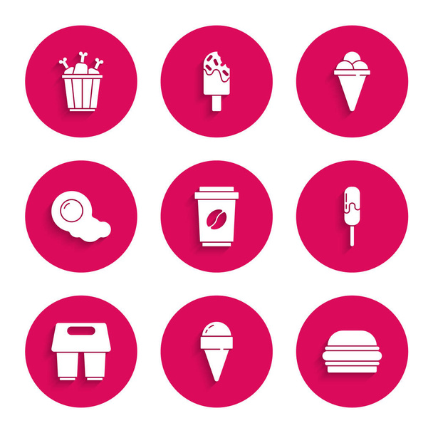 Set Coffee cup to go, Ice cream in waffle cone, Burger, Scrambled eggs,  and Chicken leg package box icon. Vector - Vector, Image