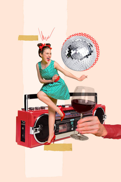 Photo collage artwork minimal picture of smiling cool pin up lady enjoying party boom box music isolated drawing background. - Φωτογραφία, εικόνα