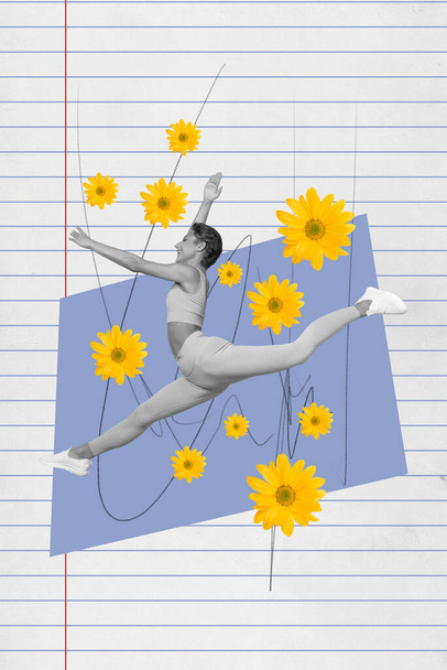 Collage artwork graphics picture of carefree lady jumping enjoying flowers falling isolated painting background. - Foto, Imagen