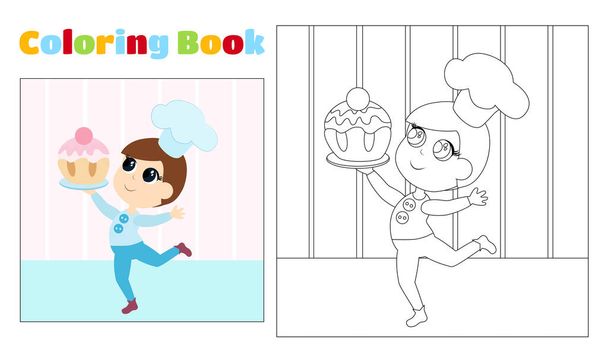 Gyermek kifestőkönyv, egy fiú szakácssapkában, édes sütivel a kezében.. - Vektor, kép