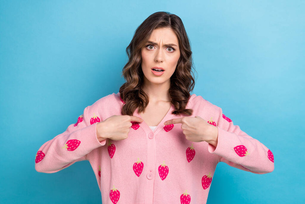 Photo of shocked impressed lady dressed pink cardigan pointing fingers herself isolated blue color background. - Foto, afbeelding