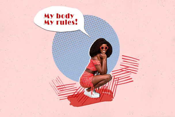 Photo collage picture of young afro american lady girl choosing own rules for her body clothes life hobby prefers likes dont care male mind. - Photo, Image