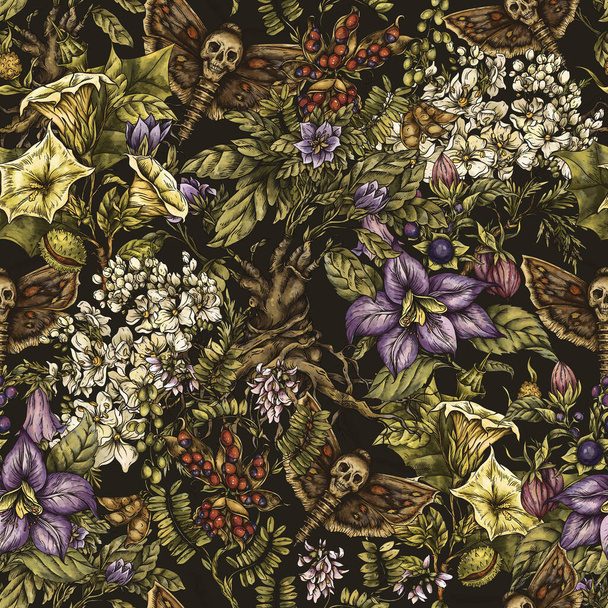 Vintage wicca giftige bloemen en planten naadloos patroon met schedel mot op zwart - Foto, afbeelding