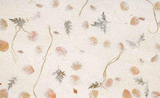 Handcrafted off white paper background embedded with dried green and gold leaves and a rough texture - Foto, afbeelding