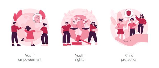 Set di illustrazioni vettoriali concettuali astratte sulla protezione dei diritti dei giovani. Diritti e responsabilizzazione dei giovani, protezione dei minori, azione, miglioramento della qualità della vita, coinvolgimento, metafora astratta dell'età di voto. - Vettoriali, immagini