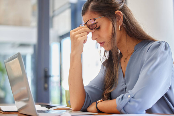 Stress, problem and business woman with headache, anxiety or workload pressure in office. Burnout, pain and financial advisor suffering migraine, ache or anxious while checking tax documents deadline. - Foto, imagen