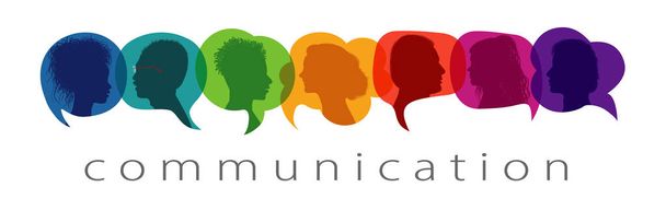 Silhouette Köpfe Menschen im Profil innerhalb Sprechblase reden und kommunizieren. Kommunikationstext. Kommunizieren und teilen Sie Ideen und Informationen in sozialen Netzwerken. Gemeinschaftskonzept - Vektor, Bild