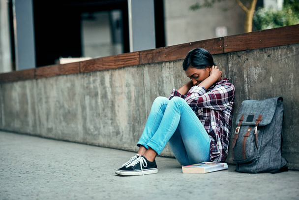 I didnt know it would be this hard. a young female student sitting on the floor feeling depressed outside on campus - Fotoğraf, Görsel