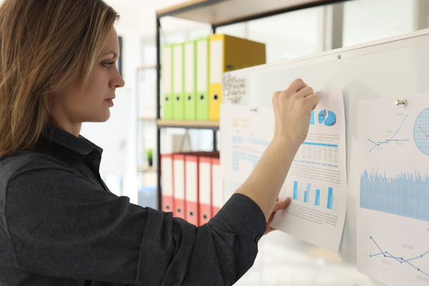 Женщина кладет бумагу с инфографическими картами на борт, готовясь к презентации в офисе крупным планом. Менеджер выполняет визуальные материалы - Фото, изображение