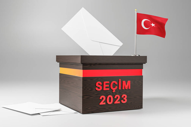 Krůtí volební koncepce s hlasovacím lístkem obálka a pozadí turecké vlajky. Vykreslit 3D hlas - Fotografie, Obrázek