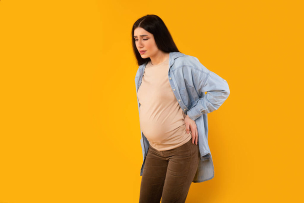 Health care concept. Young pregnant lady suffering lover back pain, rubbing inflamed zone to relief ache, standing isolated on yellow background, stusio shot, copy space - Photo, image