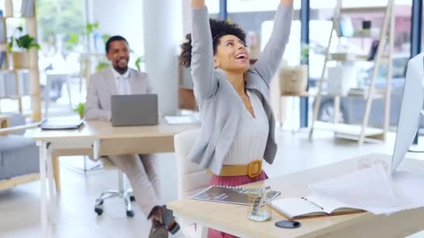 Business woman, computer and celebration throwing paperwork for winning, sale or corporate success at office. Happy female employee celebrating documents in air for win, finished or company profit. - Filmmaterial, Video