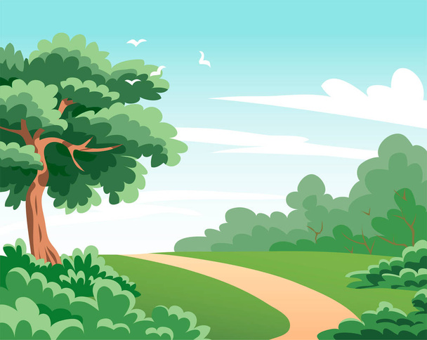 Летний пейзаж природы. Зеленое дерево, лес и голубое небо. Сельский пейзажист. Мультфильм-векторная иллюстрация - Вектор,изображение