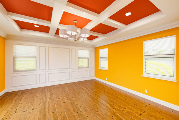 Beautiful Bold Red and Yellow Custom Master Bedroom Complete with Entire Wainscoting Wall, Fresh Paint, Crown and Base Molding, Hard Wood Floors and Coffered Ceiling - Photo, Image