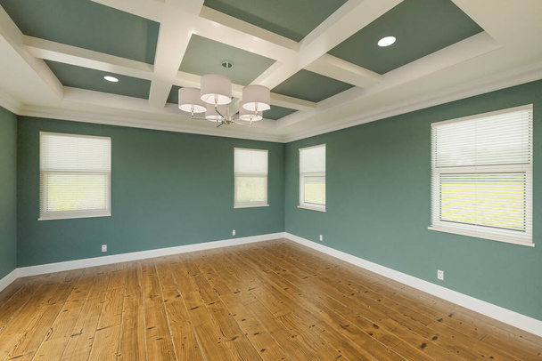 Gyönyörű néma Teal Custom Master hálószoba kiegészülve friss festék, korona és alap formázás, kemény fa padló és Coffered mennyezet - Fotó, kép