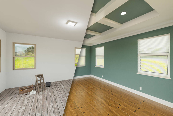 Teal silenciado antes y después del dormitorio principal que muestra el estado inacabado y la renovación completa con techos y molduras ofrecidas. - Foto, imagen