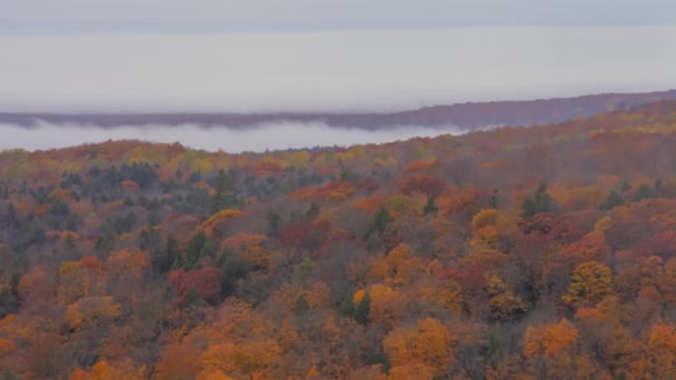 Średnie ujęcie dramatycznej mgły i chmur toczących się nad jesiennym krajobrazem Michigan 4K UHD Timelapse - Materiał filmowy, wideo