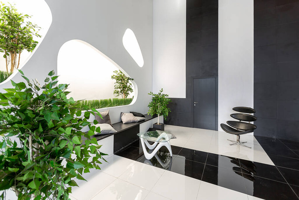 Luxurious futuristic trendy modern interior in contrasting black and white colors with interesting fashionable black furniture and decorated wall - Fotografie, Obrázek