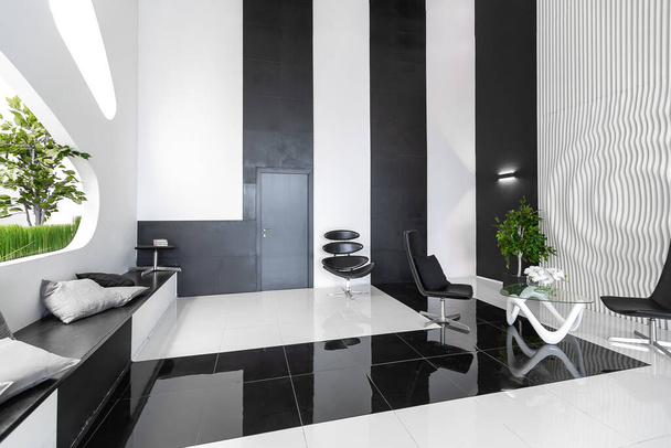 Luxurious futuristic trendy modern interior in contrasting black and white colors with interesting fashionable black furniture and decorated wall - 写真・画像