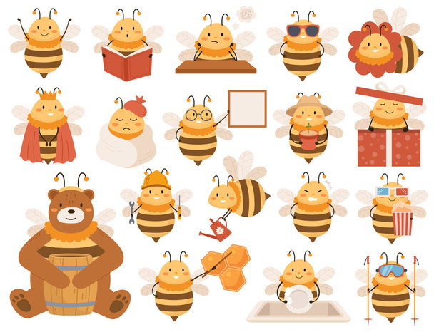 Cartoon bee characters flat illustrations set. Busy insects. Flying beetle eat popcorn, reading book, washing dishes. Different emotions of bee. Bumblebee beetle design elements - Vector, Image
