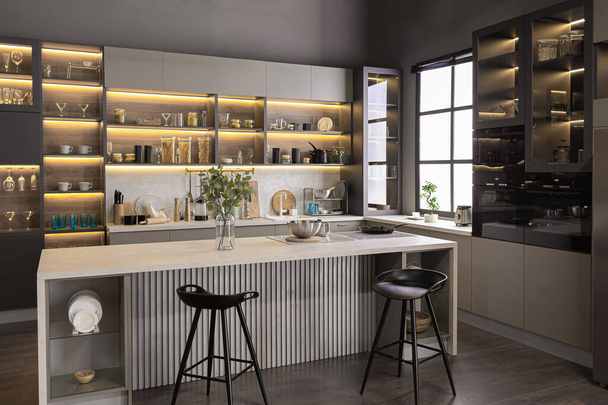 stylish luxury kitchen interior in an ultra-modern spacious apartment in dark colors with super cool led lighting and an island for cooking - 写真・画像