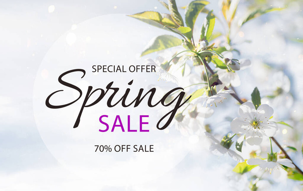 Text Spring Sale. Special offer. 70 off. Spring background with branch of cherry with white flowers against sky. Gardens bloo - Foto, Bild